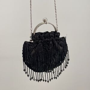 Bijoux Terner BLACK BEADed Evening BAG Silver Metal Chain Strap 20s sparkle